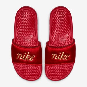 maroon and gold nike slides