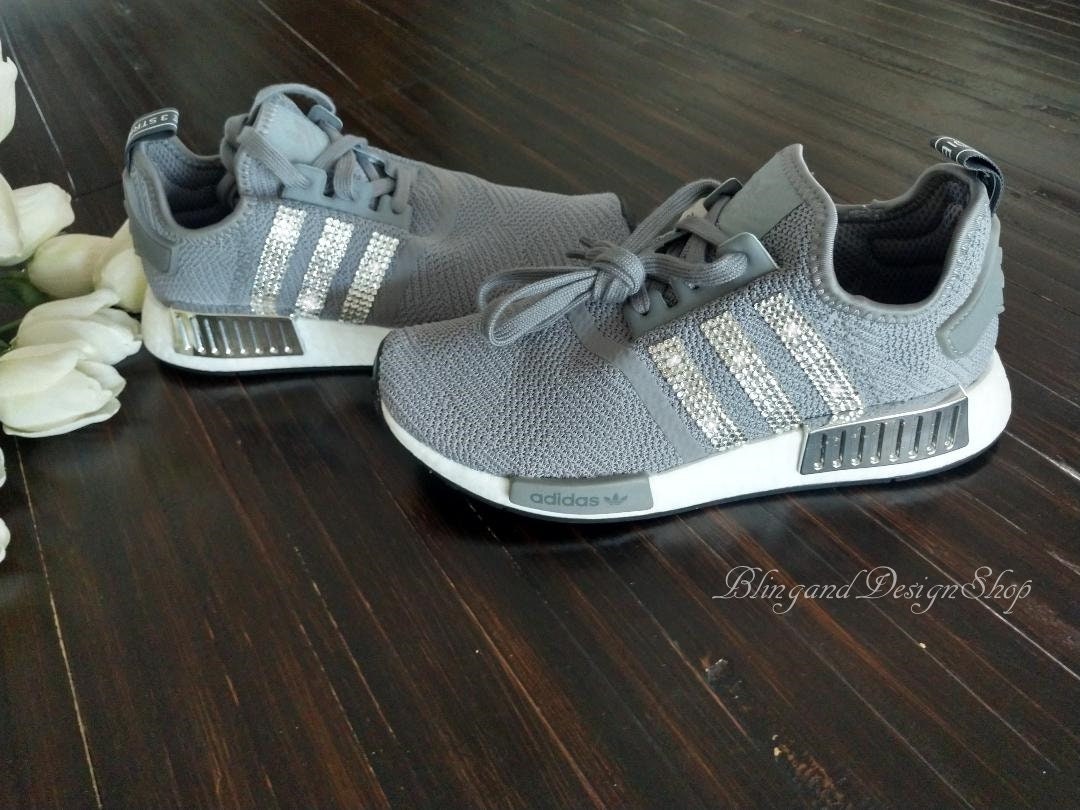 Swarovski Women's Adidas NMD R1 Gray Sneakers Customized with Swarovski Crystals Custom Bling 
