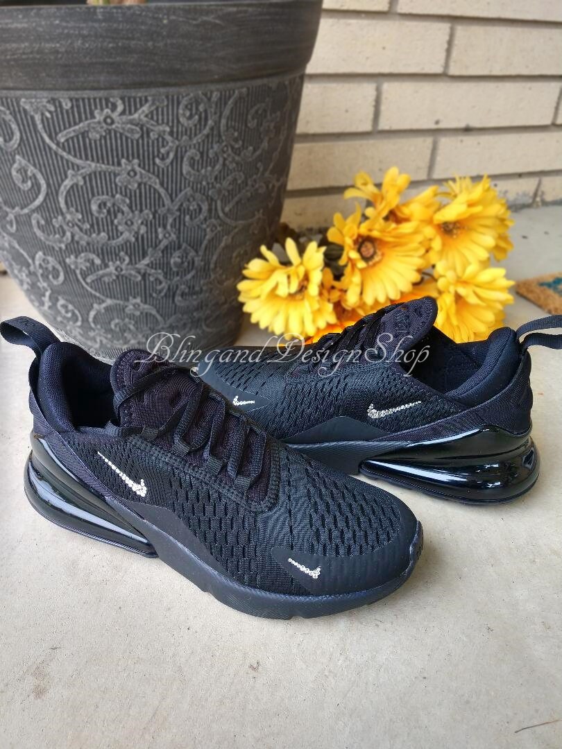 Swarovski Women's Nike Air Max 270 All Black Sneakers Blinged Out with Swarovski Crystals Custom 