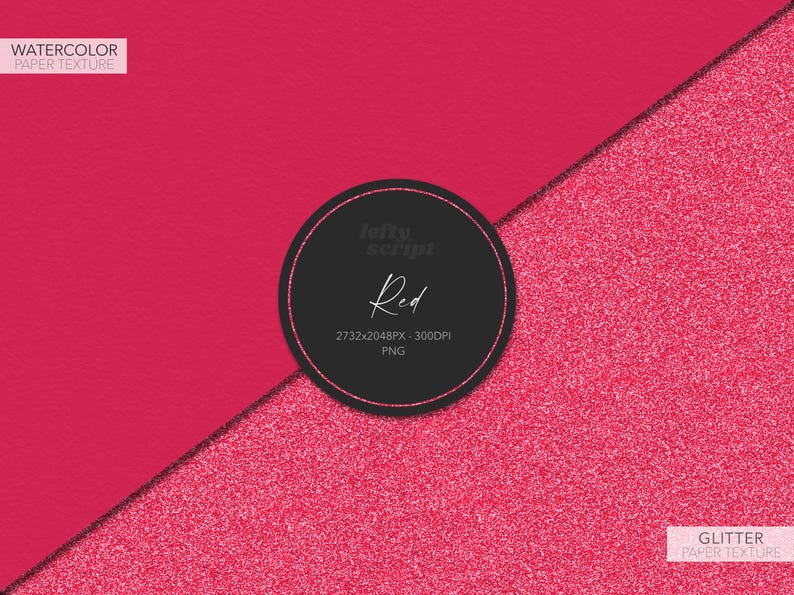 May include: A digital paper texture with a red watercolor background on the left and a red glitter background on the right. The text "Red" is in the center of the image with the text "2732x2048PX - 300DPI PNG" below it.