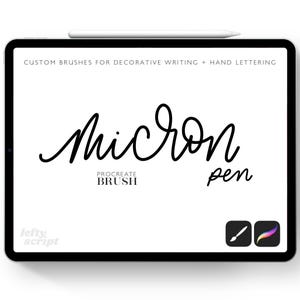 May include: A black tablet shows the words "Micron pen" in cursive, with "Procreate Brush" underneath. The text "Custom Brushes for Decorative Writing + Hand Lettering" is at the top. A white stylus is on top. Two app icons are visible.