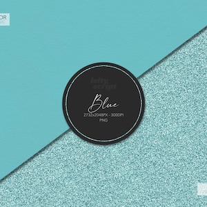May include: A digital paper texture with a blue watercolor background on the left and a blue glitter texture on the right. The text "Blue" is in a circle in the middle of the image.