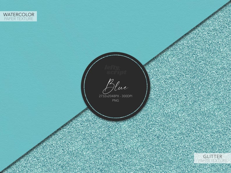 May include: A digital paper texture with a blue watercolor background on the left and a blue glitter texture on the right. The text "Blue" is in a circle in the middle of the image.