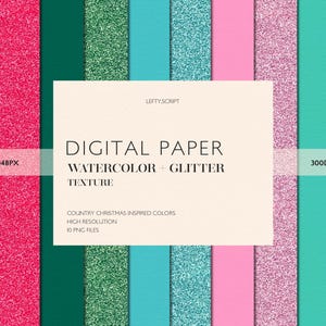 May include: Digital paper pack with 10 high-resolution PNG files featuring watercolor and glitter textures in country Christmas inspired colors. The colors are red, green, teal, blue, pink, and light pink.