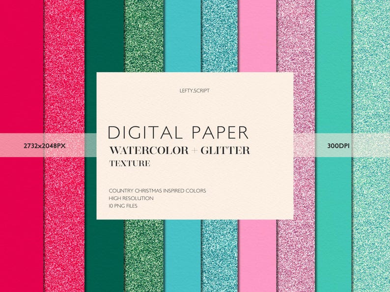 May include: Digital paper pack with 10 high-resolution PNG files featuring watercolor and glitter textures in country Christmas inspired colors. The colors are red, green, teal, blue, pink, and light pink.