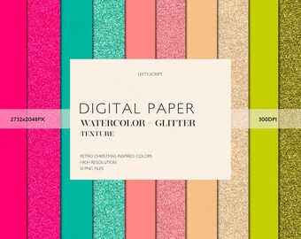 Digital Paper Pack - 10 Colors - Watercolor & Glitter - Vintage Christmas - Procreate