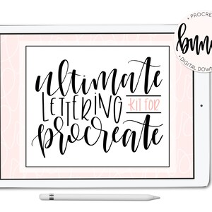 May include: A white iPad with a pink background and the text "ultimate lettering kit for procreate" displayed on the screen. A white stylus is positioned below the iPad. The text "bundle" is displayed in a circle with a pink background and the text "procreate" and "digital download" in smaller text.