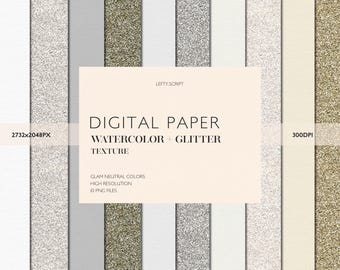 Digital Paper Pack - 10 Colors - Neutral Glam - Watercolor & Glitter