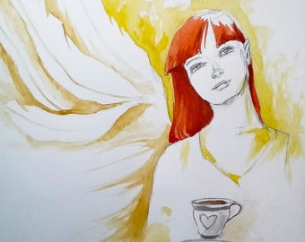 Angel of peace-watercolor with the addition of pencil artist Adriany Laube-picture on paper A3, Angel, Portrait