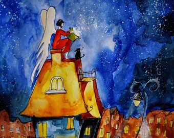 ANGEL IS COOKING - aquarelle de l&#39;artiste Adriana Laube - aquarelle colorée, ange, paysage urbain
