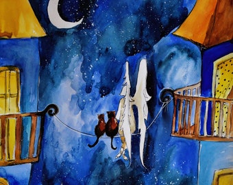 ANGEL et chats-aquarelle artiste Adriana Laube-le ciel, les étoiles, la lune, la nuit, l’image de conte de fées à la chambre de votre enfant, la ville de nuit