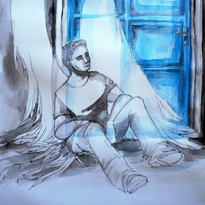 Schutzengel-Aquarell Künstler Adriana Laube-Engel Bild, Aquarell auf Papier A3