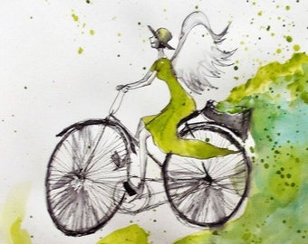 Angel on bike-watercolor and feather on paper A3 artist Adrian Laube-Angelic image
