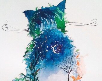 KOTEK - watercolor by the artist Adriana Laube - painting, painting, cat, animals, surrealism