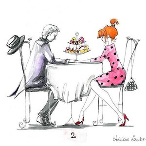 May include: A black and white illustration of a couple having tea. The woman is wearing a pink polka dot dress and the man is wearing a purple jacket. There is a three-tiered cake stand with pastries on it. The illustration is set against a white background with a clock in the upper left corner.