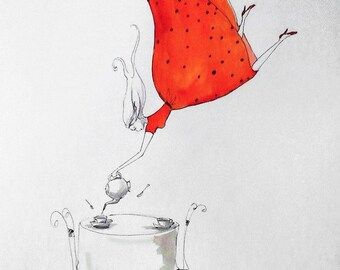 TEA - aquarelle avec ajout d&#39;une plume de l&#39;artiste Adriana Laube sur papier A3