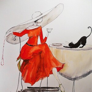 Lady in HAT-aquarel en pen op papier door de kunstenaar Adriana Laube-kat, vrouwelijke, Vintage