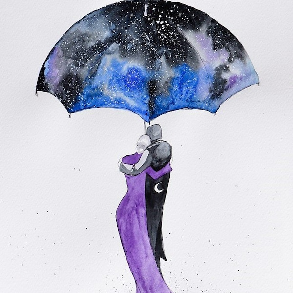 SIZZLE - watercolor artist Adriana Laube - lovers, love, under an umbrella, cosmos, romantic painting on A3 paper