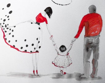 WSPÓLNIE PRZEZ ŚWIAT - obraz akwarelami i piórkiem artystki Adriany Laube - miłość, rodzina, portret rodziny