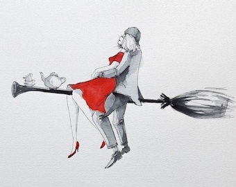 DATE ON A BROOM - watercolor artist Adriana Laube - Valentine's Day, love, lovers, love