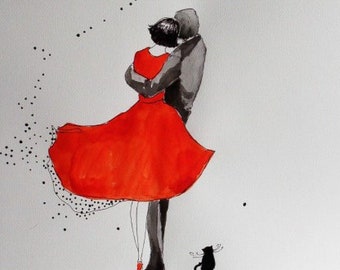 COUPLE AVEC UN CHAT - aquarelle et peinture à la plume de l&#39;artiste Adriana Laube - aquarelle romantique, amour, amoureux