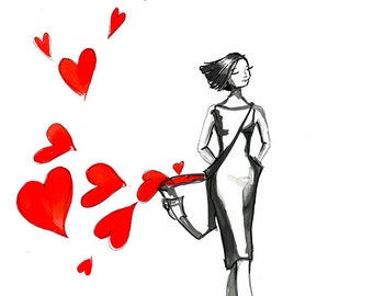NIESIE MNIE MIŁOŚĆ - akwarela z dodatkiem piórka artystki Adriany Laube - miłość, serce, kobieta,portret, dekoracja ścienna