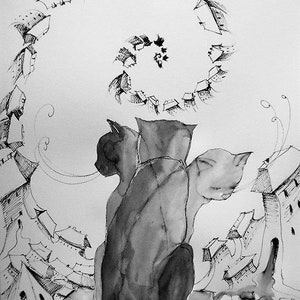 Cats see more-watercolor with the addition of a feather artist Adriany Laube-Cats