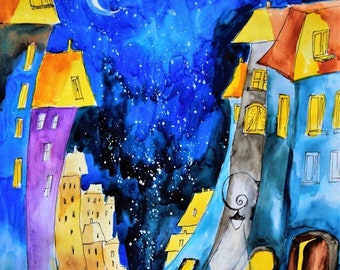 CAT TALES - aquarelle de l&#39;artiste Adriana Laube - paysage urbain surréaliste, chat, nuit, lune, étoiles