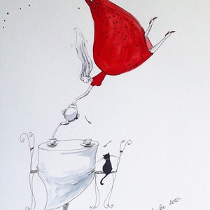TEA 2 - lovely watercolor by artist Adriana Laube - cat, girl, surrealism - painting on A3 paper