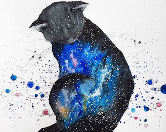 CO JEST W KOCIE? - akwarela artystki Adriany Laube - kot, kosmos, Wszechświat - obraz na papierze A3