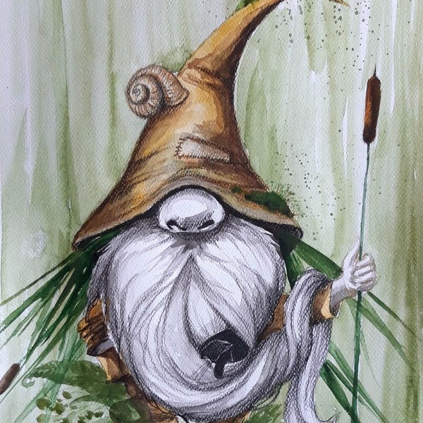 THE LAKE GNOME - watercolor with the addition of colored pencils by the artist Adriana Laube - a dwarf, a fairy tale, a fairy tale, a fantasy character