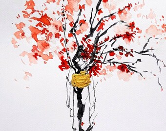 KWITNIENIE - akwarela artystki Adriany Laube - Japonia, Japonka, kwiaty wiśni, Azja