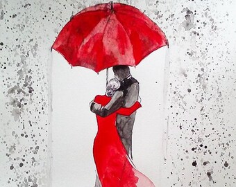 SOUS LE PARAPLUIE - aquarelliste Adriana Laube - amour, amants, peinture sur papier A3
