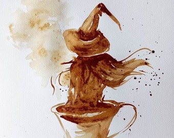 CZARY PRZY KAWIE - obraz namalowany kawą - wiedźma, filiżanka, surrealizm