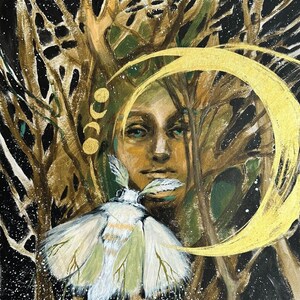 DRIAD - pintura com tintas acrílicas e tinta dourada - retrato, ninfa de árvore, fantasia
