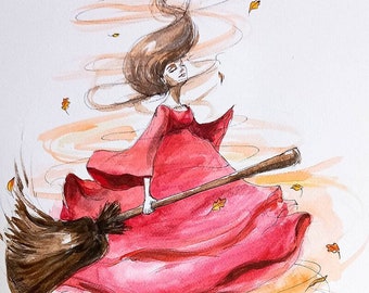 SPIRIT - watercolor artist Adriana Laube - woman, witch, autumn, A3 painting