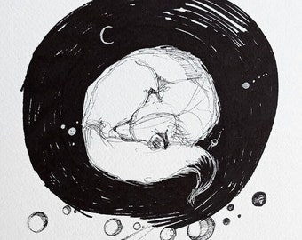 COSMIC DREAM OF THE FOX - pen drawing by artist Adriana Laube - space, planets, sleeping fox