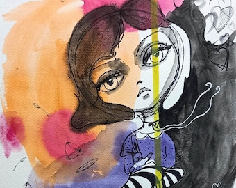 ALICJA - aquarel en veer op A3 papier - portret, meisje, konijn