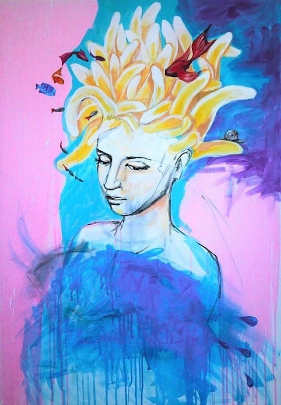 Next Door Acrylic Painting On Canvas 100x70cm Artist Adriany Laube Portrait Of A Woman Ocean Fish Face Coral Reef