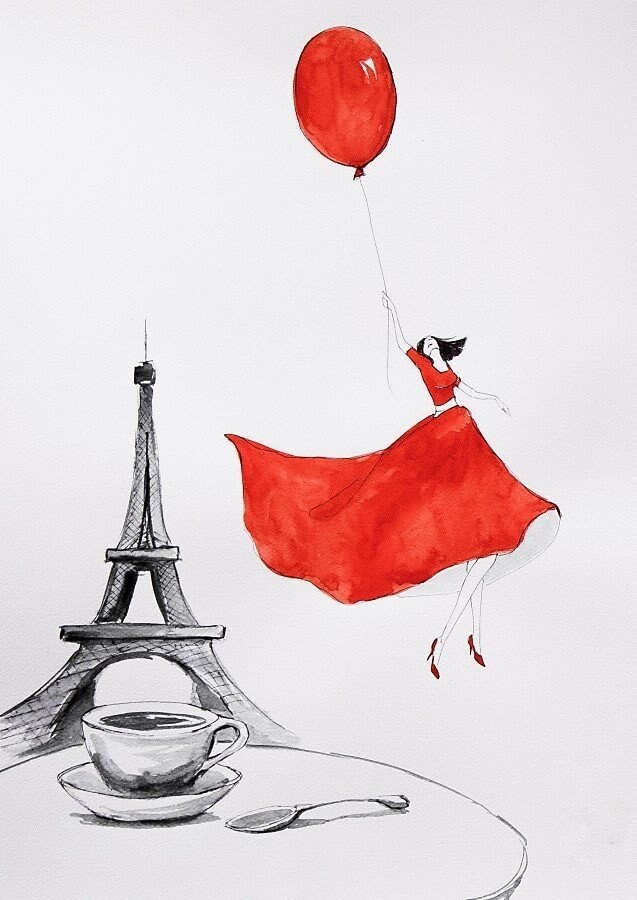 Entré pour un café à Paris - aquarelle de l'artiste Adriana Laube - Paris, France, Tour Eiffel