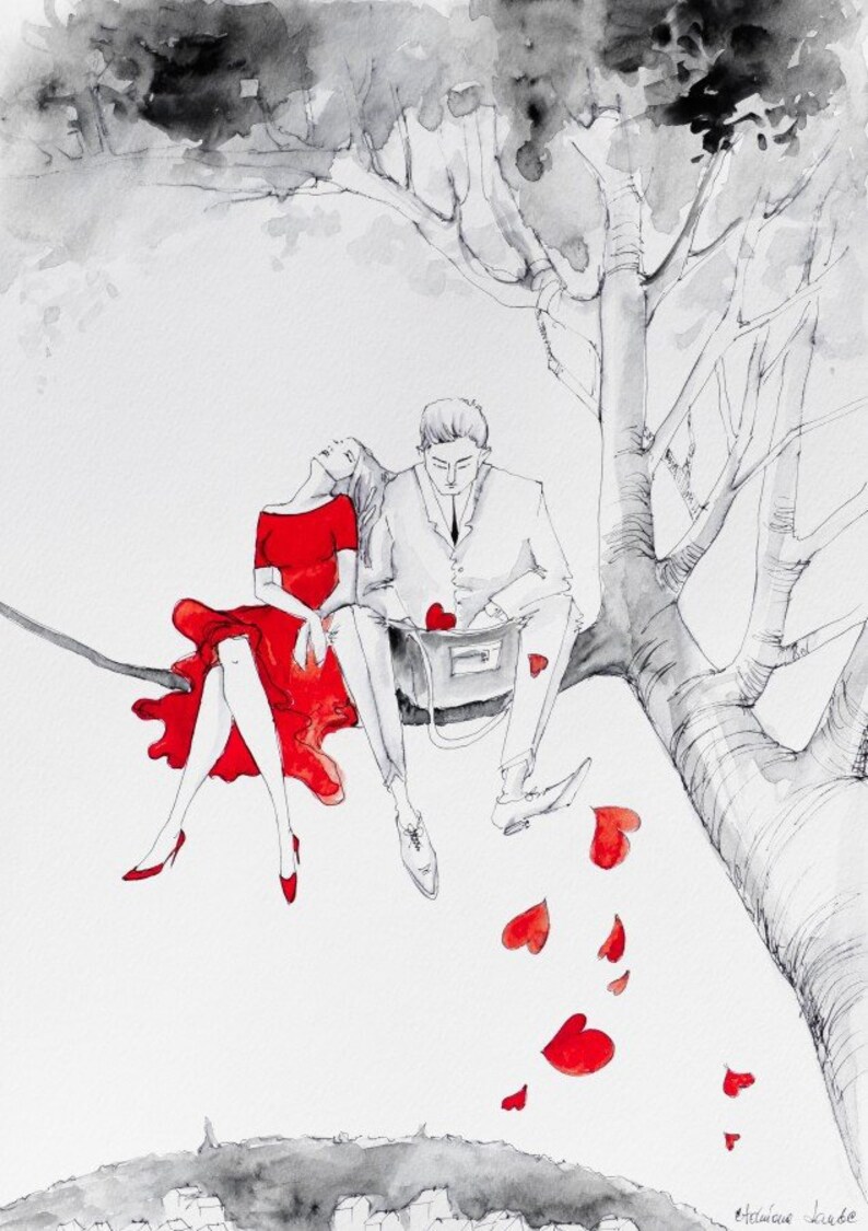 PRACUJEMY : obraz akwarelą i piórkiem artystki Adriany Laube miłość, zakochani zdjęcie 1