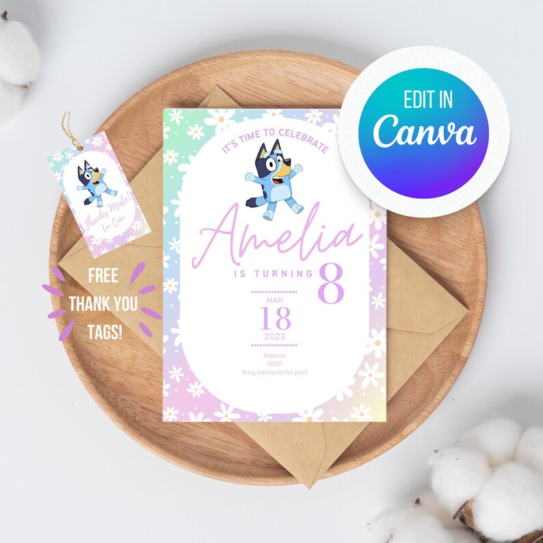 Bluey Pastel Daisy Birthday Invitation Digital Editable Etsy