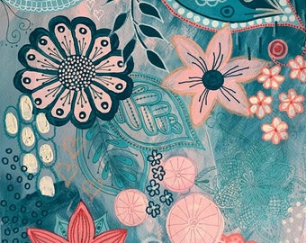12"x16" Original Abstract Pink & Teal Wall Art Mixed Media