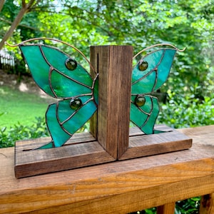 Butterfly Bookends Stained Glass | Stained Glass Blue and Green Butterfly | Fantasy Book Gift | Wood Bookends | Bookshelf Decor