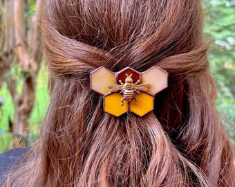 Stained Glass Bumblebee Hair Barrette: Honeycomb Charm, Fine Art Jewelry