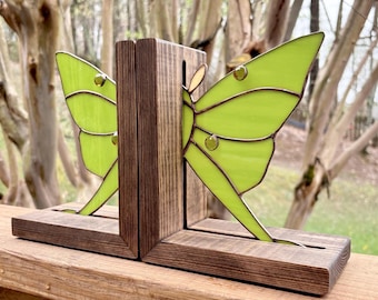 Stained Glass Luna Moth Bookends: Green Butterfly Bookshelf Decor