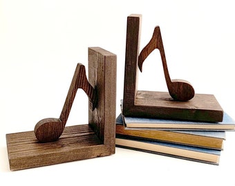 Handmade Music Note Bookends: Dark Walnut Pinewood Set