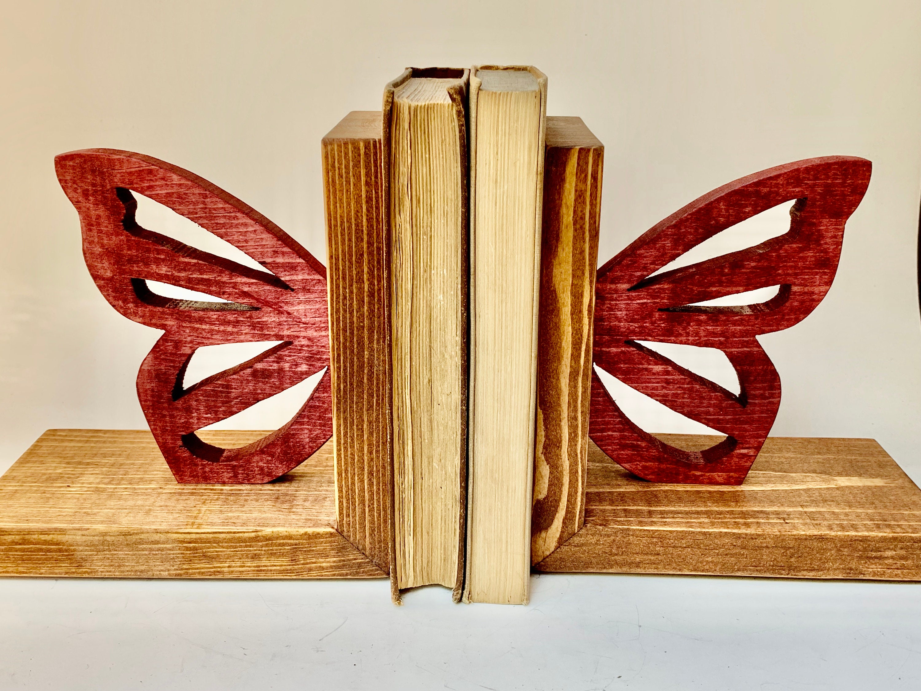 Cranberry Butterfly Bookends Scroll Saw Art Wooden Bookend Etsy