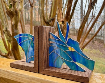 Stained Glass Dragon Bookends: Blue & Green Fantasy Book Decor