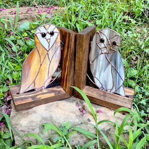 Owl Bookends | Owl Stained Glass | Barn Owl Art | Grey Owl Book Gift | Bookshelf Decor | New Office Gift |